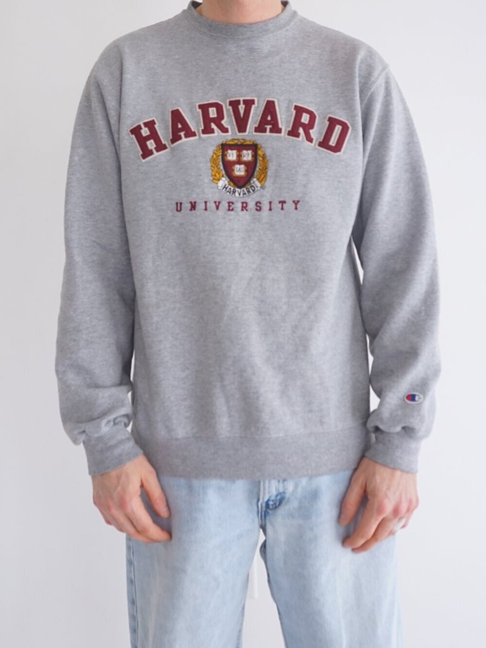 Champion Grey Harvard Crest Embroidered College Sweatshirt Mens Logo Patch M